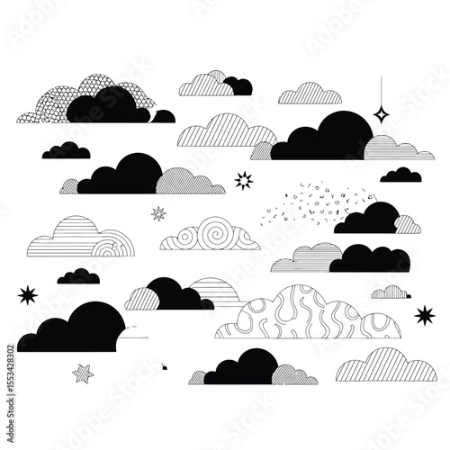 Black and white abstract vector illustration of winter clouds with swirling shapes and textured details