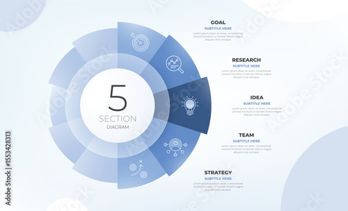Semicircle pie chart divided into 5 parts. Concept of five step infographic