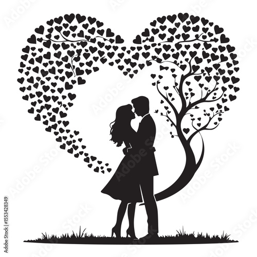 Romantic couple embracing under a heart shaped tree with heart shaped leaves symbolizing love and devotion silhouette