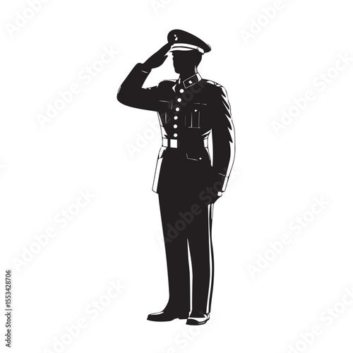 A formal military officer in uniform salutes respectfully with a crisp gesture depicted in a striking black silhouette against a clean white background