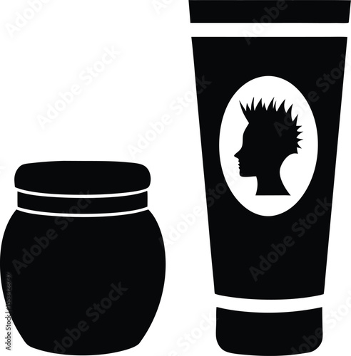 Black cream tube with punk hair symbol sits beside a container, all with transparent background