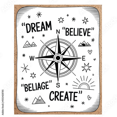 Black and white hand-drawn vector illustration of a vision board with compass rose and motivational quotes on a textured background