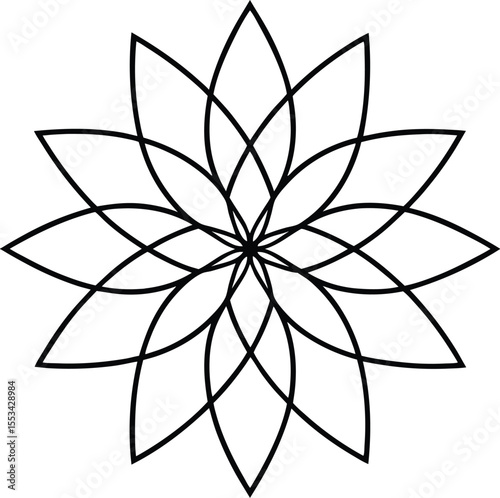 Abstract Floral Design with Interlocking Petals Creating a Symmetrical Geometric Pattern Suitable for Backgrounds Logos and Decorative Elements