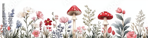 Vibrant Floral Landscape with Colorful Mushrooms and Delicate Blooms