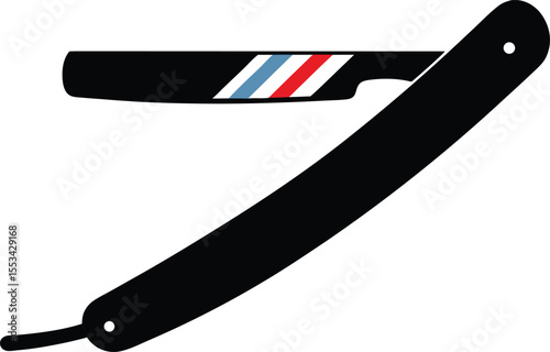 Vintage Straight Razor Illustration with Blue White and Red Stripes Classic Shaving Tool Barber Shop Icon Retro Style