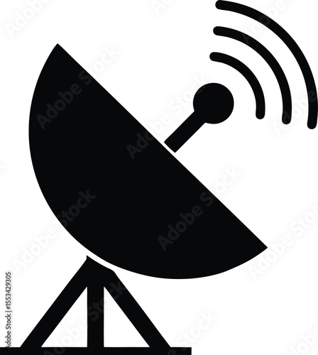 Black satellite dish emits communication waves, a stark stands on white, transparent background