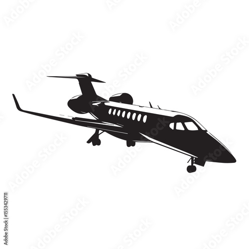 Sleek private jet aircraft with visible windows and landing gear depicted in a bold black silhouette against a white background