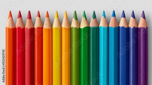 A vibrant row of sharpened colored pencils arranged in a rainbow spectrum on a clean white background