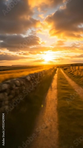 Country dirt road stretching through golden fields at dramatic sunset under cloudy sky, seamless looping 4k time-lapse animation video background. Landscape concept