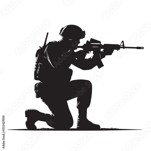 A soldier in full gear crouches on the ground aiming a rifle forward in a dramatic black silhouette against a white background