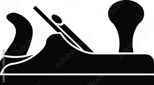 A vintage hand plane, a carpentry tool, stands starkly in black against a transparent backdrop