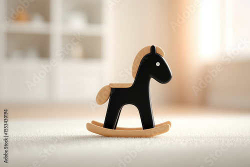 Child's playtime action with a black rocking horse cozy living room toy photography indoor environment close-up view concept of childhood fun