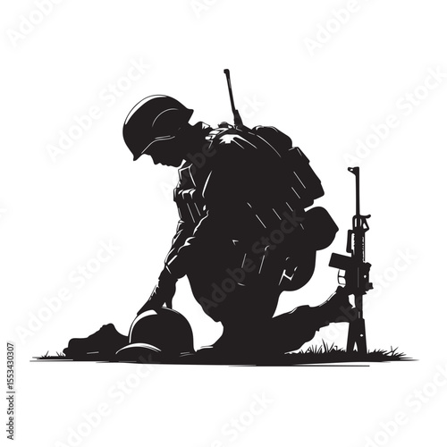 Solemn soldier kneeling in prayer or remembrance with rifle and helmet on the ground silhouette