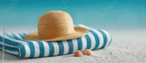 Relaxing beach scene straw hat and striped towel on sandy shoreline tranquil atmosphere coastal vibes close-up perspective for summer enjoyment