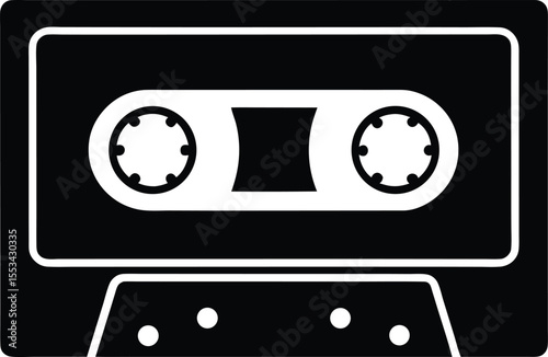 Monochrome depiction shows a retro cassette tape, outlined in white, with a transparent background
