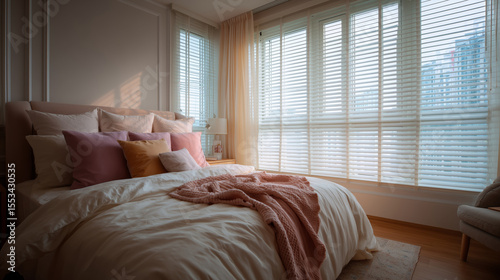 A serene bedroom featuring a plush bed with colorful pillows, soft blankets, and gentle sunlight streaming through blinds.