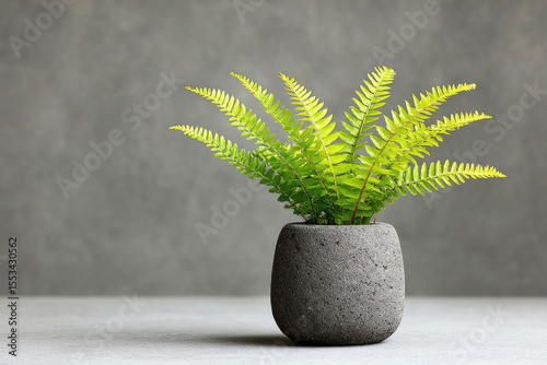 Lush green fern plant in minimalist concrete pot indoor decor natural aesthetic modern environment close-up view home design inspiration
