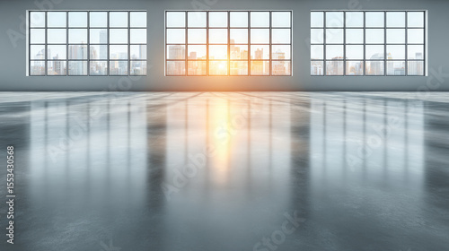Modern office interior design with city view bright daylight clean polished concrete floor reflective surfaces urban architecture contemporary space
