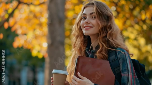 Smiling young student holding coffee and notebooks outdoors in autumn park, wearing a backpack and looking confident and ready for the school day.
