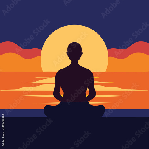 Silhouette of a Person Meditating at Sunset Peaceful Yoga Pose Illustration