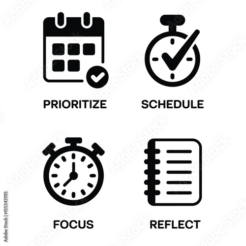 Black and white vector icon set illustrating productivity habits including prioritize, schedule, focus, and reflect with clean lines and minimalist design