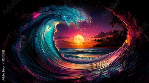 Vibrant Tropical Sunset Framed by a Massive Ocean Wave Artistic Digital Painting