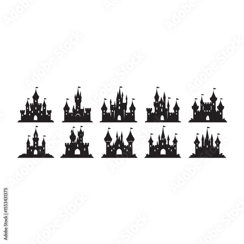 Collection of diverse fairytale castle silhouettes with flags and turrets on a white background