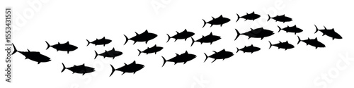 Group of tuna fish swimming in a smooth curved formation underwater. Stylized school of fish icon, ocean wildlife, marine ecosystem