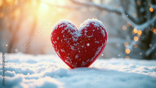 Snow-covered red heart in winter wonderland; romantic, festive, Valentine's Day concept.