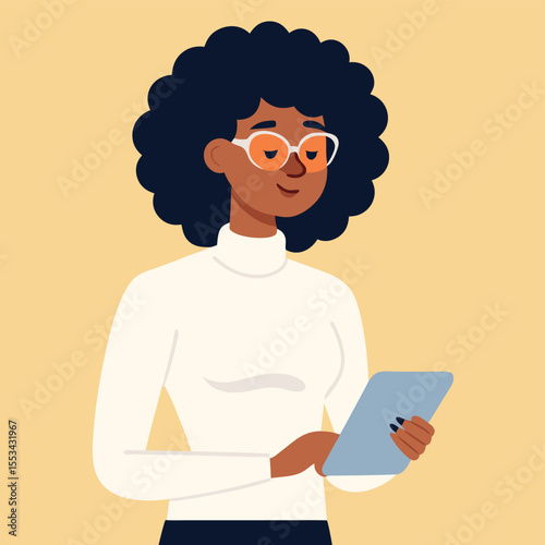 Confident Young Black Woman with Afro Using Tablet