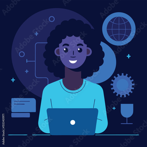 Smiling Black Woman Using Laptop, Global Technology Concept Illustration