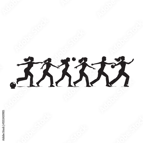 Group of women in silhouette playing bowling demonstrating the motion of rolling a bowling ball down the lane