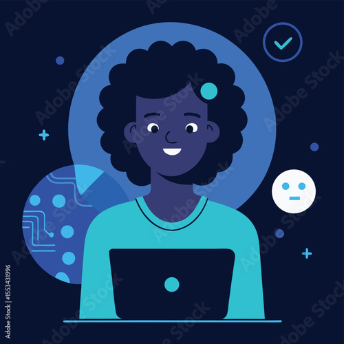 Smiling Black Woman Using Laptop Technology, Innovation, and Success