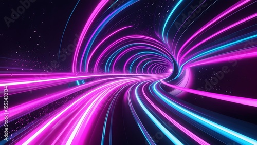 Neon Tunnel Abstract with Pink and Blue Light Trails in Dark Space