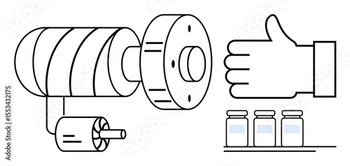 Industrial machinery, motorized components, large thumbs-up symbol, and filled bottles on a line. Ideal for manufacturing, automation, technology, production, quality assurance factories