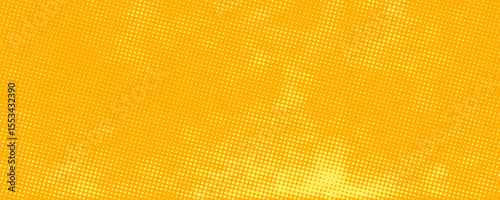 Yellow halftone pattern. Retro comic gradient background. Bright orange pixelated dotted texture overlay. Cartoon pop art faded gradient pattern. Vector backdrop for poster, banner, advertisement