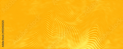 Yellow halftone pattern. Retro comic gradient background. Bright orange pixelated dotted texture overlay. Cartoon pop art faded gradient pattern. Vector backdrop for poster, banner, advertisement