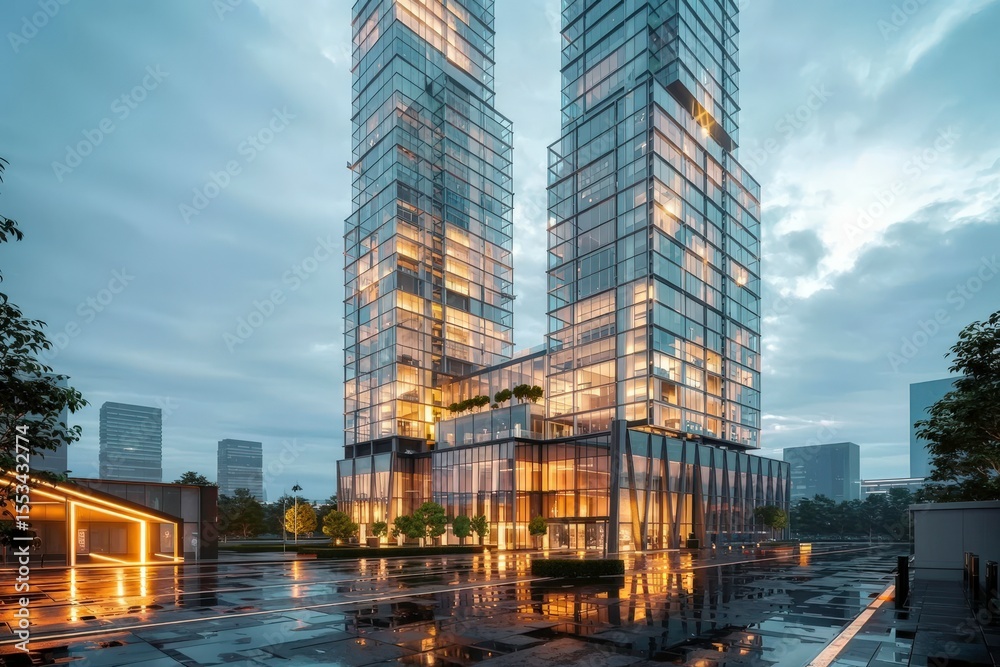 Obraz premium Modern Glass Skyscraper Illuminated at Dusk With Reflective Surroundings