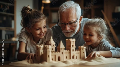 Grandfather and children happily play with wooden castle toy indoors, sharing joyful family moments filled with happy play and togetherness