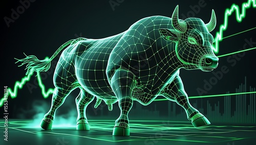 Green Grid Bull with Stock Chart on Dark Background