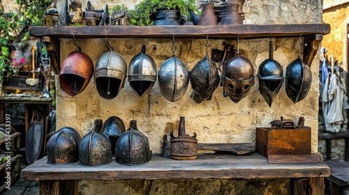 Antique helmets on wooden shelf, rustic shop