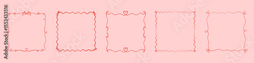 Set of minimal hand drawn curly frames with hearts and decorative lines. Great for cards, romantic design, love notes, and modern scrapbooking.