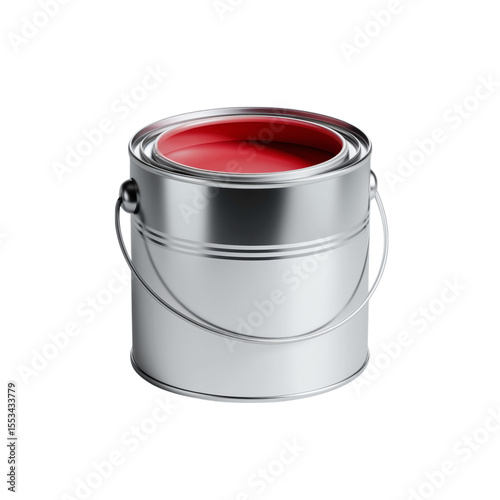 A vivid red paint fills a silver metal bucket, perfect for DIY projects and creative designs on a black background.