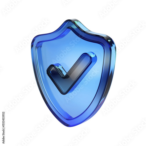 Blue shield with checkmark conveys security, assurance, and protection on a transparent background, suitable for digital applications.