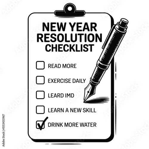 Black and white vector illustration of a New Year resolution checklist with motivational goals and minimal design elements