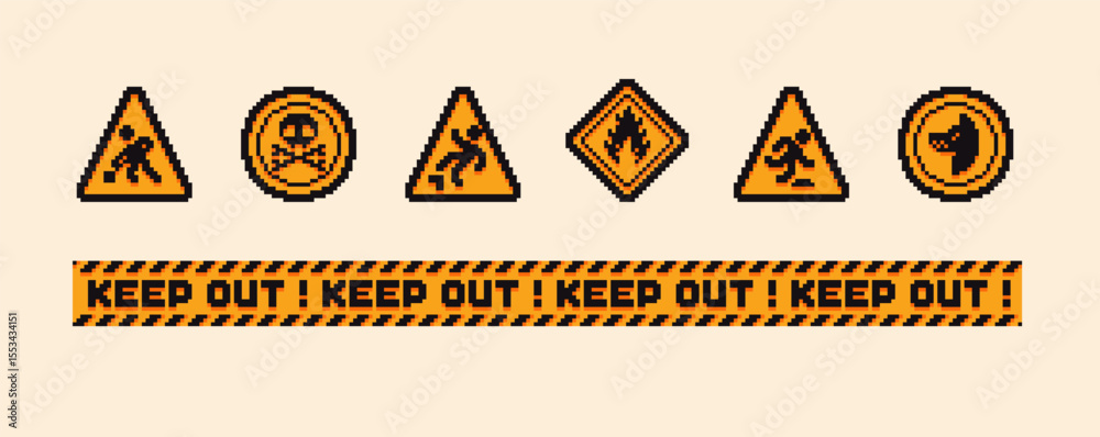 Obraz premium Set of the danger and attention signs, pixel icons. 8 bit pixel button set. Collection isolated vector illustrations