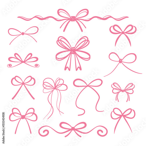 Collection of pink hand drawn bows in different styles. Ideal for decorative elements, fashion design, packaging, gifts, and romantic visuals.