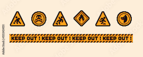 Set of the danger and attention signs, pixel icons. 8 bit pixel button set. Collection isolated vector illustrations