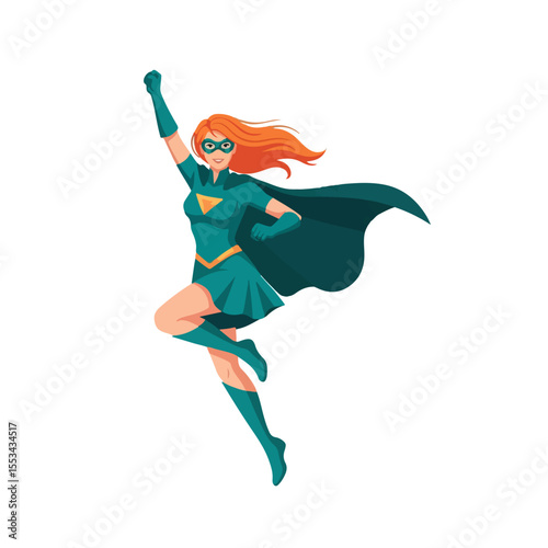 Flat Color Illustration of a Female Superhero in Dynamic Action Pose with Flowing Orange Hair, Teal Costume, and Billowing Cape