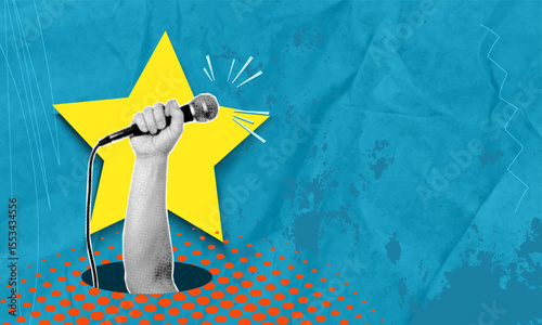 Trendy halftone art collage  showing hand holding microphone and star. Concept of singing, birth of a star or news.